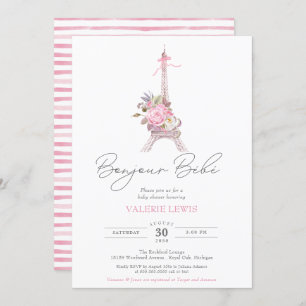 Bonjour Bebe Paris Eiffel Pink Floral Baby Shower Invitation