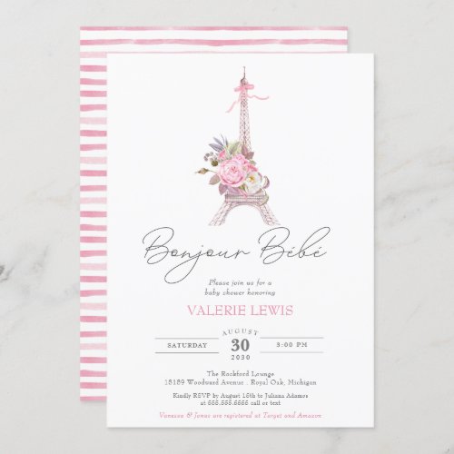 Bonjour Bebe Paris Eiffel Pink Floral Baby Shower  Invitation