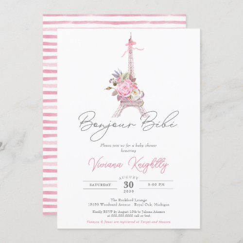Bonjour Bebe Paris Eiffel Pink Flowers Baby Shower Invitation