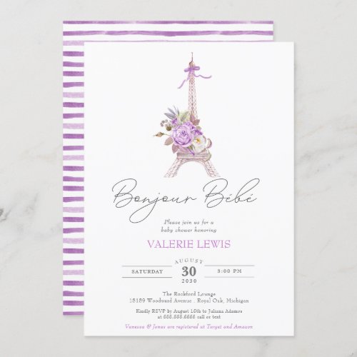 Bonjour Bebe Paris Eiffel Purple Floral Shower Invitation