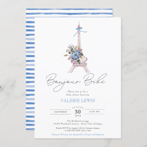 Bonjour Bebe Paris French Blue Eiffel Baby Shower Invitation