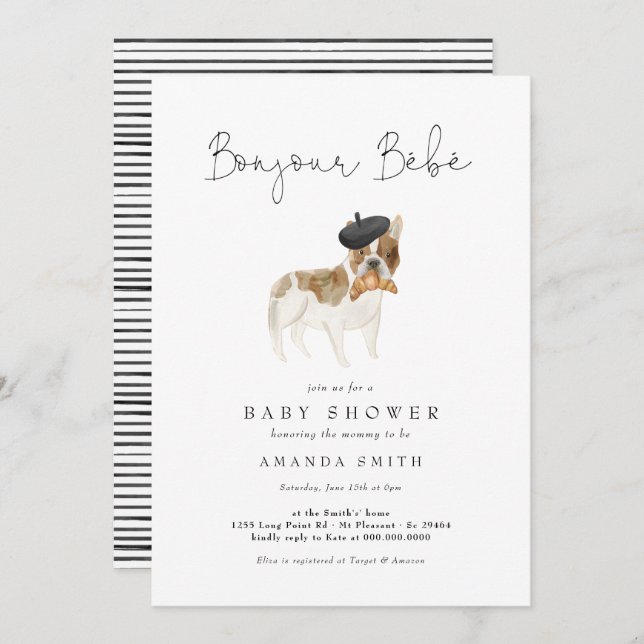Bonjour Bebe Paris French Bulldog Baby Shower Invi Invitation (Front/Back)