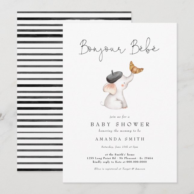 Bonjour Bebe Paris French Elephant Baby Shower Inv Invitation (Front/Back)
