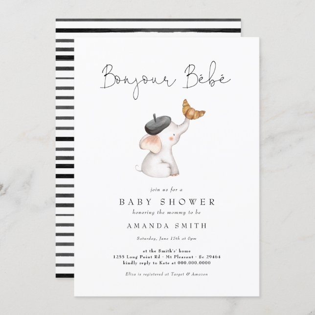 Bonjour Bebe Paris French Elephant Baby Shower Inv Invitation (Front/Back)
