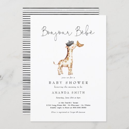 Bonjour Bebe Paris French Giraffe Baby Shower  Invitation