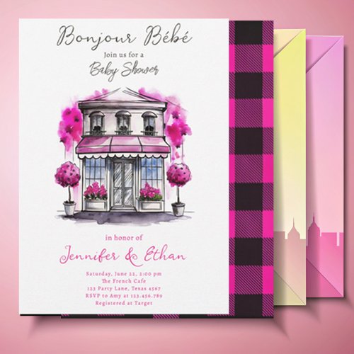 Bonjour Bebe Paris French Pink Black Baby Shower Invitation