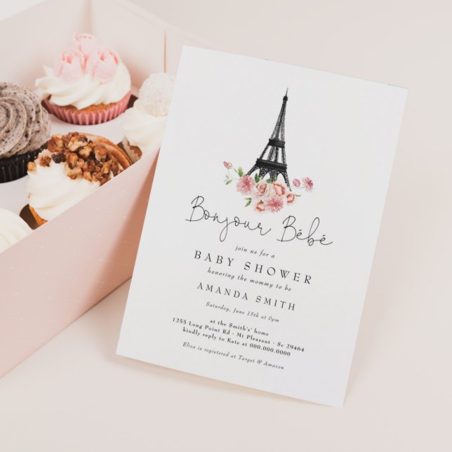 Bonjour Bebe Paris French Pink Floral Baby Shower Invitation