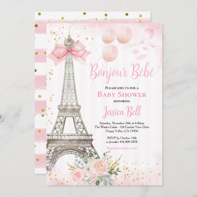 Bonjour Bebe Paris Girl Baby Shower Pink Eiffel  Invitation (Front/Back)