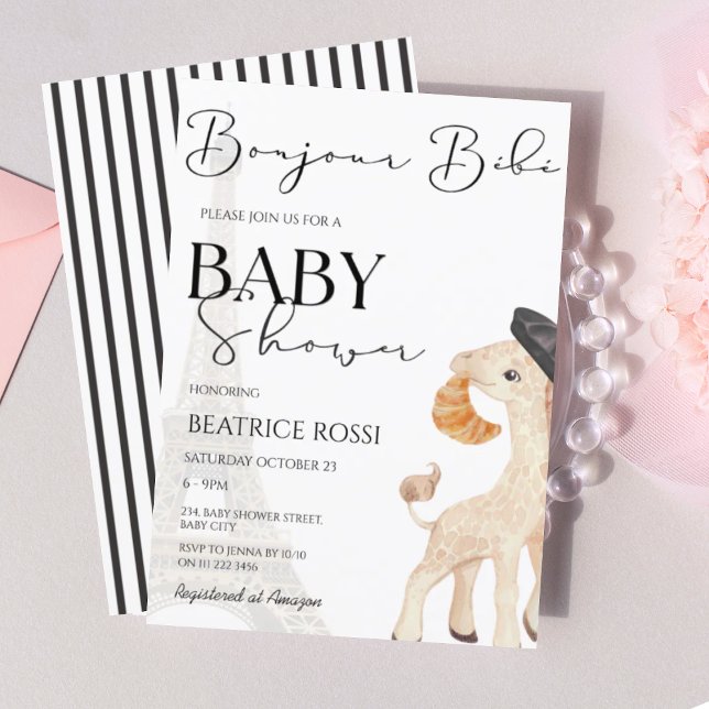 Bonjour Bebe Paris Parisian French Baby Shower Invitation (Bonjour Bebe French Giraffe Paris Parisian France Baby Shower Invitation)