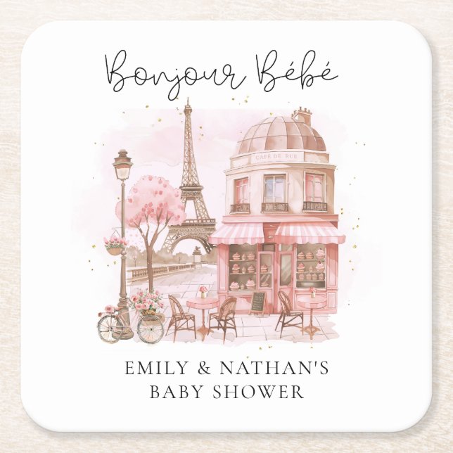 Bonjour Bebe Paris Patisserie Baby Shower Square Paper Coaster (Front)