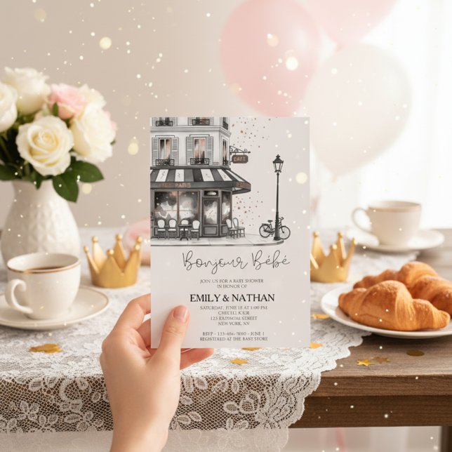 Bonjour Bebe Parisian café pink eiffel tower girls Invitation (Creator Uploaded)
