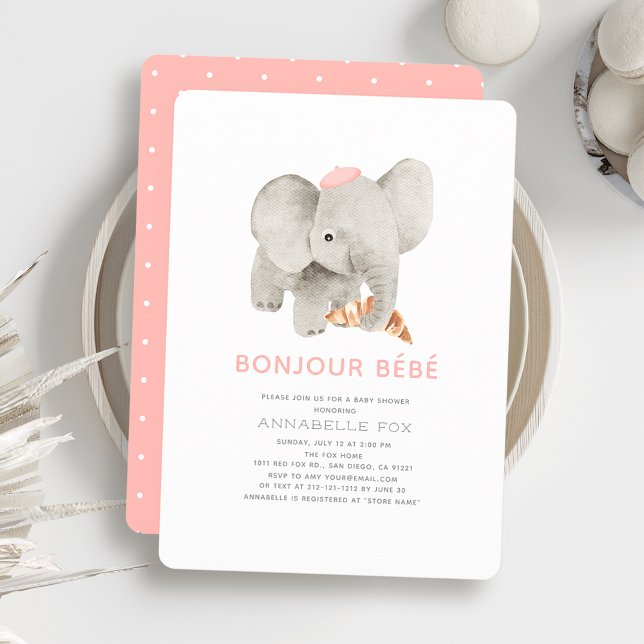 Bonjour Bébé Pink Beret Elephant Baby Shower Invitation (Creator Uploaded)