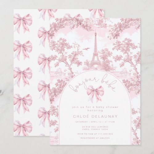 Bonjour bebe Pink Bow Toile de jouy baby shower Invitation