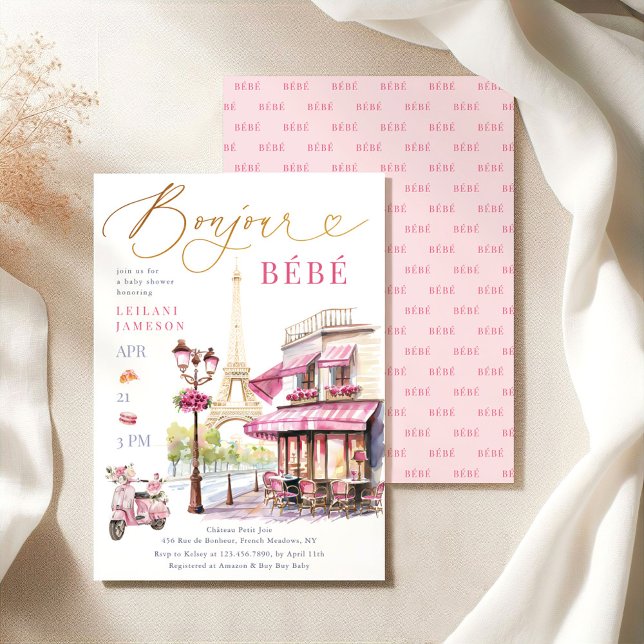 Bonjour Bebe Pink French Paris Cafe Baby Shower Invitation (Creator Uploaded)