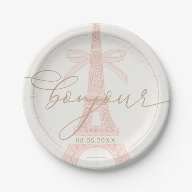 Bonjour Bébé Pink Paris Eiffel Baby Shower Paper Plates (Front)