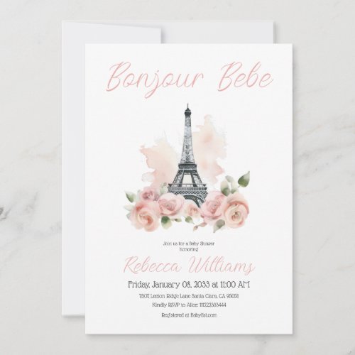 Bonjour Bebe Pink Paris Floral Girl Baby Shower Invitation