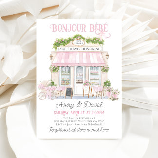 Bonjour Bebe Pink Parisian Cafe Baby Girl Shower Invitation