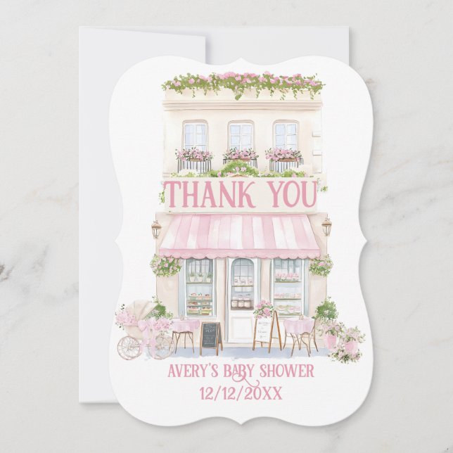 Bonjour Bebe Pink Parisian Cafe Baby Girl Shower Thank You Card (Front)