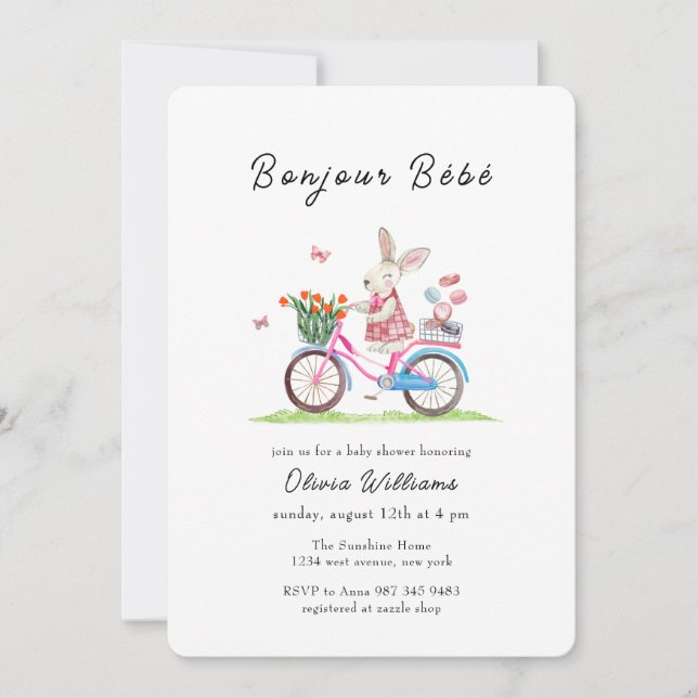 Bonjour Bébé Rabbit Bicycle Macarons Baby Shower  Invitation (Front)