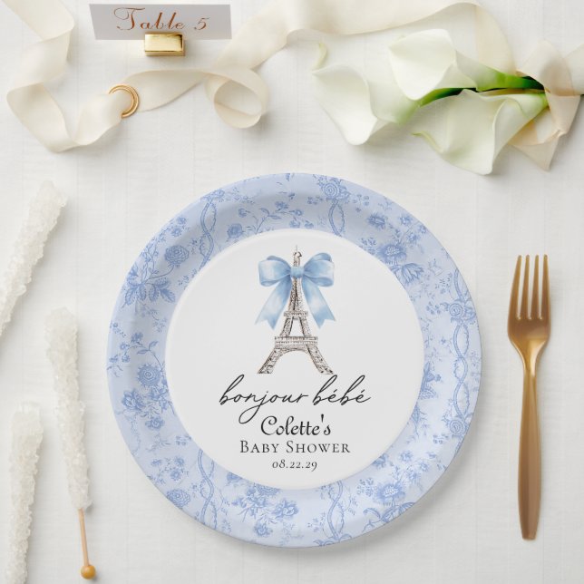 Bonjour Bebe Romantic Blue French Toile  Paper Plates (Wedding)