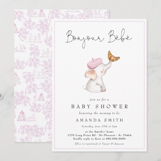 Bonjour Bebe Romantic French Girl Baby Shower  Invitation (Front/Back)
