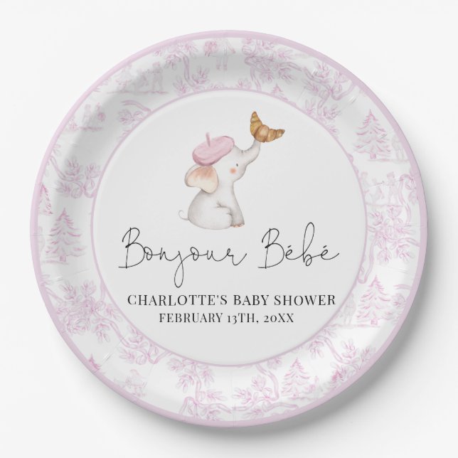 Bonjour Bebe Romantic French Girl Baby Shower  Pap Paper Plates (Front)