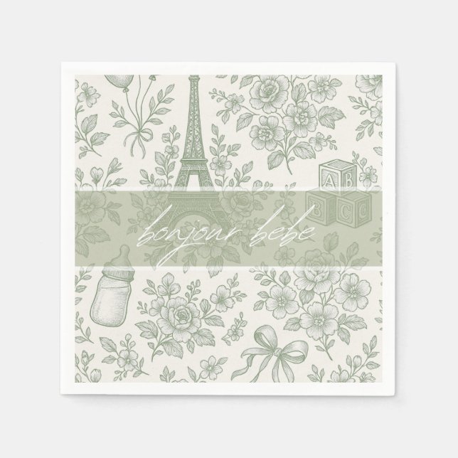 Bonjour Bebe Sage Green Toile French Baby Shower Napkins (Front)