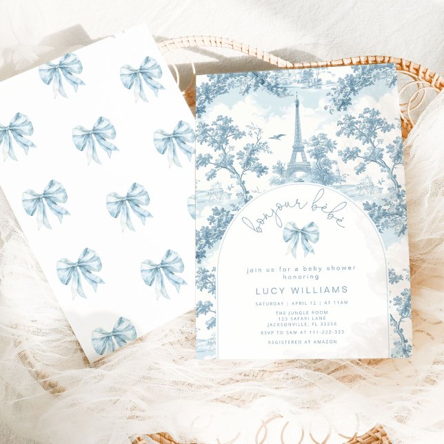 Bonjour Bebe Toile Blue Bow French Baby shower Invitation (Creator Uploaded)