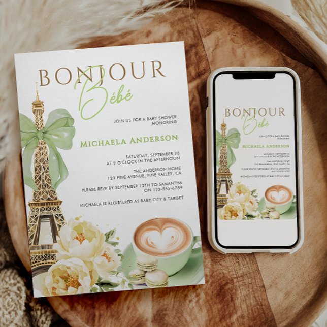 Bonjour Bébé Watercolor Coquette Bow Baby Shower I Invitation (Creator Uploaded)