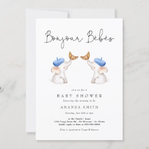 Bonjour Bébés French Elephant Boy Shower Toile Invitation