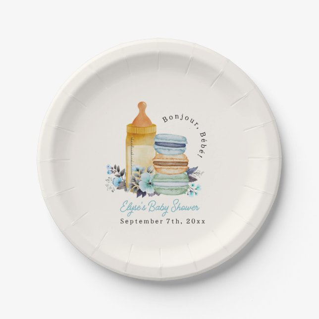 Bonjour Blue Macarons & Milk Boy Baby Shower Paper Plates (Front)