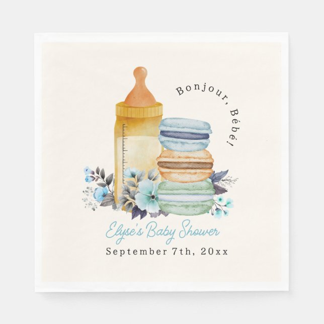 Bonjour Blue Macarons Milk Floral Boy Baby Shower Napkins (Front)