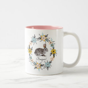 Bonjour! Bunny and Spring Flower Wreath Easter Two-Tone Coffee Mug