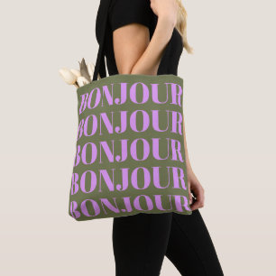 Bonjour Chic Olive and Lilac Bold Typography Tote Bag