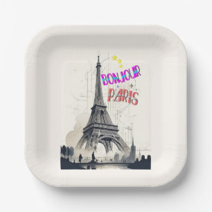 Bonjour Colorful Paris Paper Plates