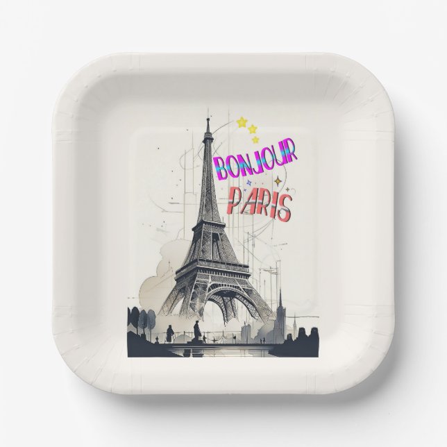 Bonjour Colorful Paris Paper Plates (Front)