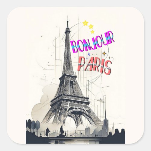 Bonjour Colorful Paris Square Sticker