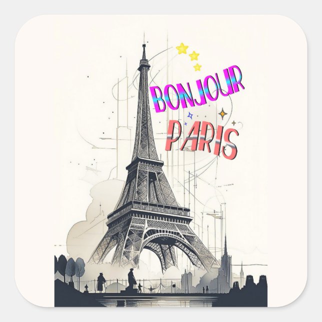 Bonjour Colorful Paris Square Sticker (Front)