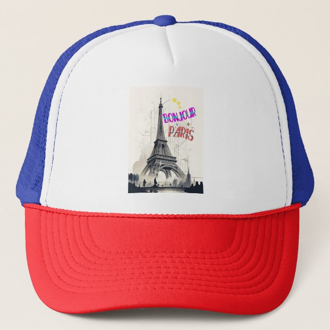 Bonjour Colorful Paris Trucker Hat (Front)