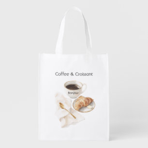 Bonjour Croissant & Coffee Gold Glitter Bow Grocery Bag