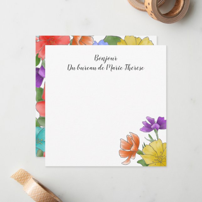 Bonjour Custom Floral Note Card (Front/Back In Situ)