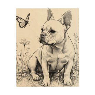"Bonjour, Cutie! – French Bulldog Sketch on Wood" Wood Wall Art