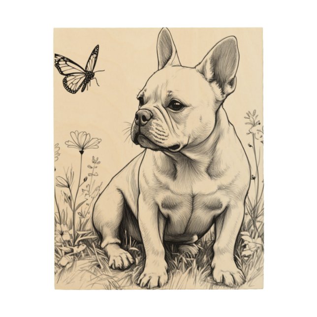 "Bonjour, Cutie! – French Bulldog Sketch on Wood" Wood Wall Art (Front)
