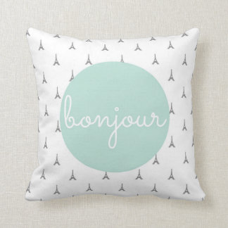 Bonjour Eiffel Tower print in gray Throw Pillow