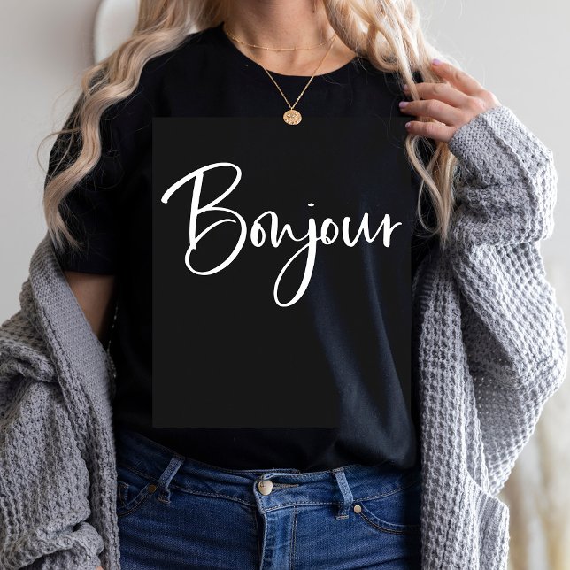 Bonjour | Elegant and Modern French Script Black T-Shirt (Creator Uploaded)