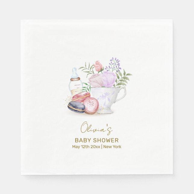 Bonjour Floral Macarons Milk Tea Baby Shower Napkins (Front)