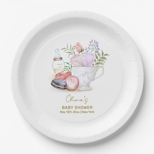 Bonjour Floral Macarons Milk Tea Baby Shower Paper Plates (Front)