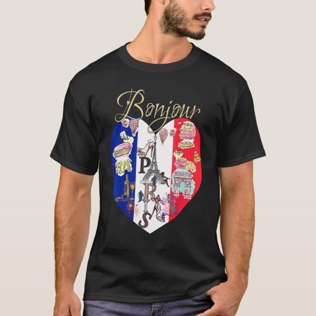 Bonjour France I Love Paris French Style French Fl T-Shirt (Front)