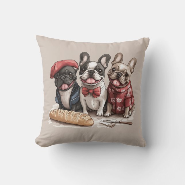 Bonjour French Bulldogs Throw Pillow (Front)