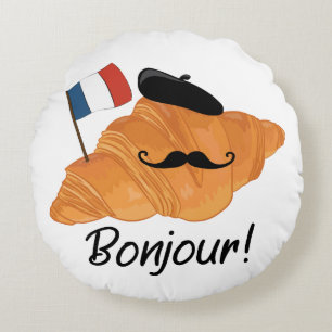 Bonjour French Croissant - France Funny Food Round Pillow